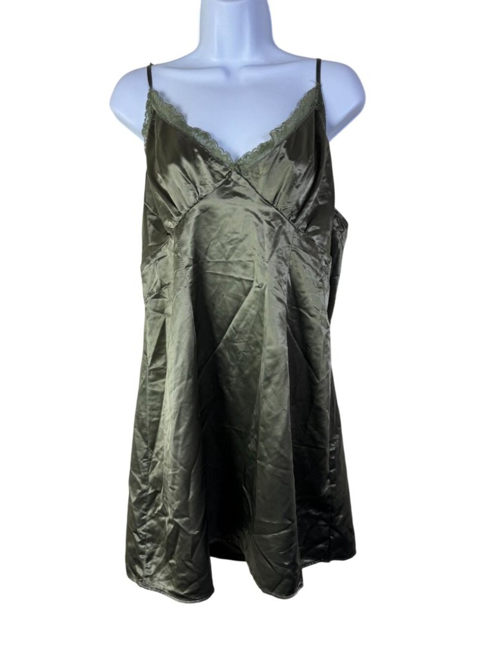 NEW Satin Green Lace Trim Slip Dress Size Large Y2kโ 90s Flowy H&M festival